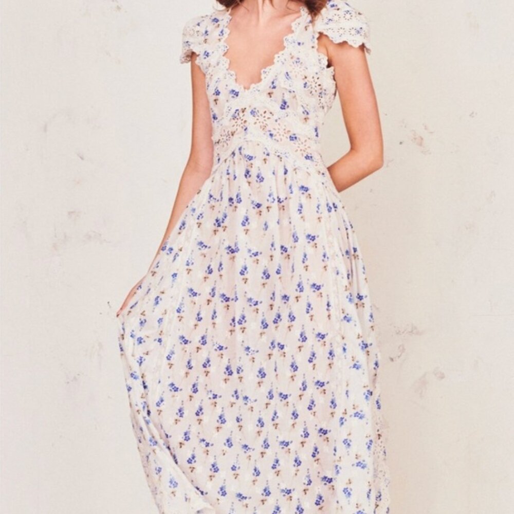 RARE LOVESHACKFANCY Archer Dress in White Blue Floral - Picture 4 of 12
